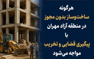 مدیر حقوقی سازمان منطقه آزاد مهران هشدار داد:هرگونه ساختوساز بدون مجوز در منطقه آزاد مهران با پیگیری قضایی و تخریب مواجه میشود مدیر حقوقی سازمان منطقه آزاد مهران هشدار داد:هرگونه ساختوساز بدون مجوز در منطقه آزاد مهران با پیگیری قضایی و تخریب مواجه میشود